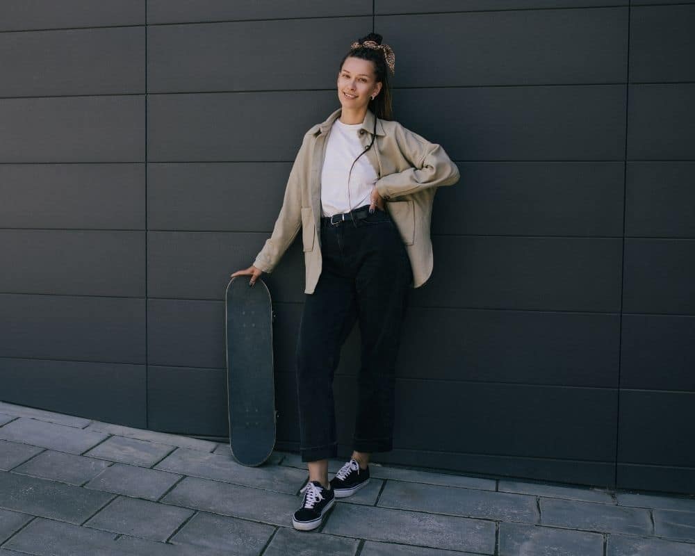 tailored blazer, a midi pencil skirt, and sleek loafers